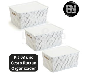 KIT 3 CAIXAS ORGANIZADORAS COM TAMPA GRANDE 15 LITROS RATTAN BRANCO PLASNORTHON