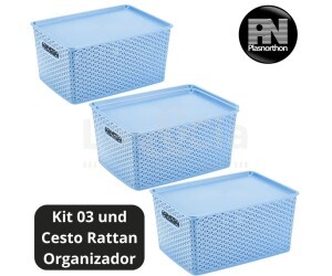 KIT 3 CAIXAS ORGANIZADORAS COM TAMPA GRANDE 15 LITROS RATTAN AZUL PLASNORTHON