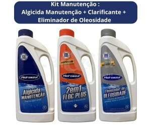 KIT COM 1 CLARIFICANTE, 1 ALGICIDA DE MANUTENÇÃO E 1 ELIMINADOR DE OLEOSIDADE 1 LT HIDROAZUL